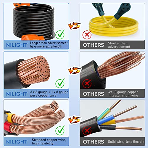 Image of Nilight 50 Amp 25FT RV EV Extension Cord 250V Heavy Duty 6 /3+8 /1 Gauge Pure Copper STW Wire UL ETL Listed 4 Prong Nema 14-50P 14-50R 50F /50M Cable Suit for RVs EVs Trailers Campers