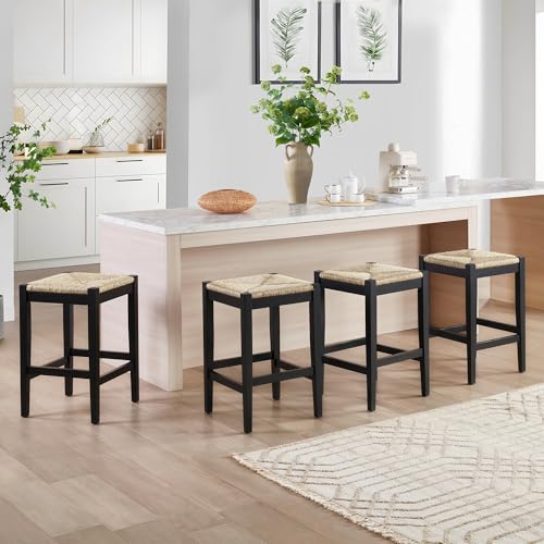 DUHOME Butacos sin respaldo de 26 pulgadas, juego de 4 unidades, tejidos a mano con fibras naturales y patas de madera negra, butacos de mimbre trenzado para isla de cocina, comedor, color negro miniatura 1
