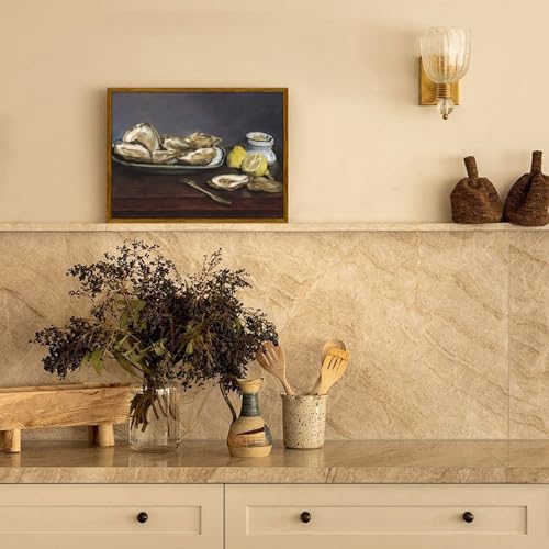 crmotu Vintage Framed Wall Art, Oysters and Lemon Kitchen Decor Painting, Still Life Artwork Canvas Prints, Rustic Farmhouse Wall Decor Living Room Dining Room Tabletop Aesthetic Pictures 12x16in