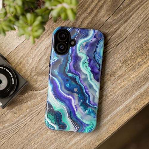 Coque iPhone 16 Plus rigide et brillante motif tourbillon géode bleu