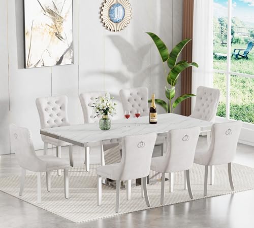 Image of 9-Piece Extendable Dining Table Set for 8, Modern 63 inch-94 inch White Faux Marble Expandable Kitchen Table Set with 8 Velvet Chairs, Large Extendable Dining Room Tables with Mirrored Columnar Base