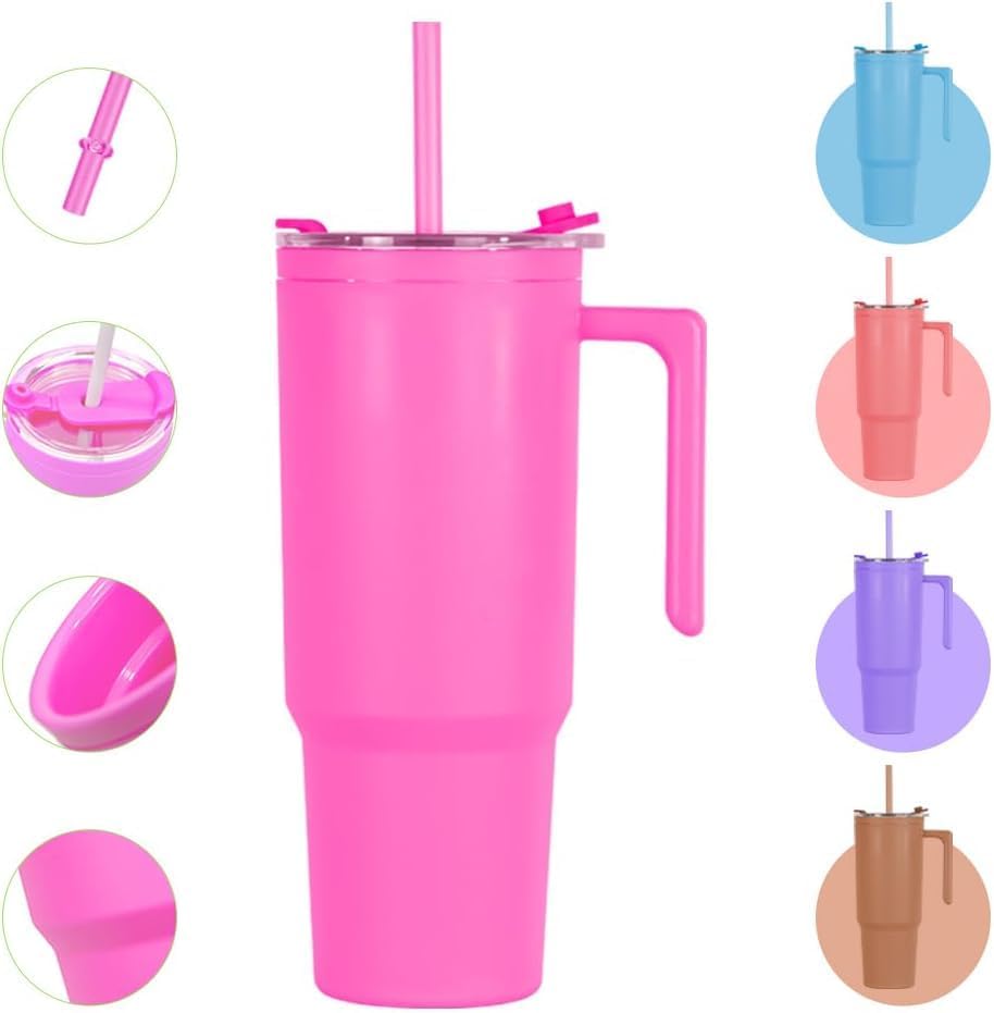 40oz Reusable Plastic Insulated Tumblers with Handle and Straw, Double Wall Tumbler with Lid, Cup Holder Friendly Travel Mug for cold drinks, sand ice, Pink - Image 9