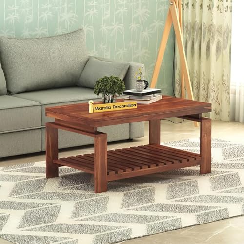 Image of MAMTA DECORATION Solid Sheesham Wood Coffee Table for Living Room | Wooden Center Table with Shelf Storage for Home, Hall, Office & Lounge | Modern Tea Table | Rectangular Coffee Table | Honey Finish