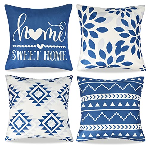 Taie d'oreiller Bleu Marine Housse Coussin 40 X 40cm Housse d'oreiller Géométrique Motif Housse Coussins Lot De 4 L'automne l'hiver Floral Housses Coussin pour Mobilier De Terrasse Extérieur Décor Cover