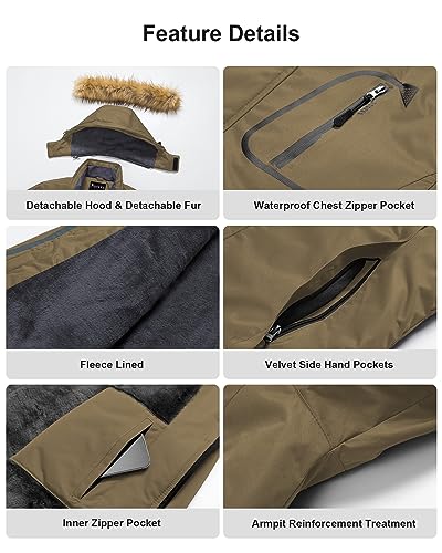 Image of Pursky Men's Waterproof Ski Jacket Winter Snow Coats Fur Hooded Raincoats Parka