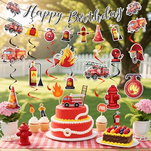 Image of Firetruck Birthday Party Decorations Include Fire Truck Happy Birthday Glitter Banner Firefighte Hanging Swirls Supplies for Fireman Birthday Theme Party Rescue Events