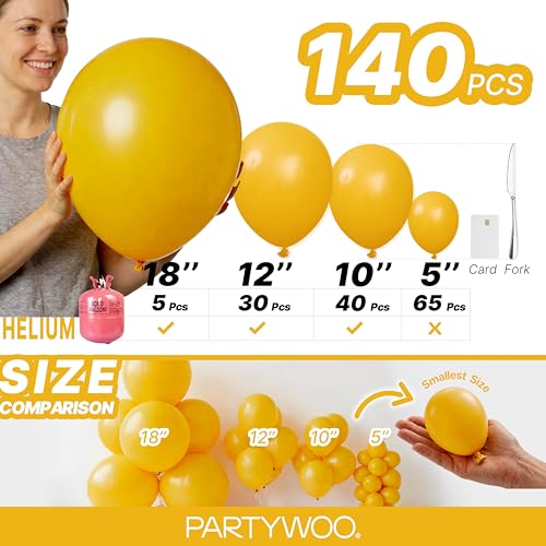 Image of PartyWoo Mustard Yellow Balloons 140pcs Different Sizes of 18 12 10 5 Inch Boho Netural Fall Balloon Arch Kit for Birthday Baby Shower Sunflower Little Cutie Thanksgiving Party Decorations Yellow-F57