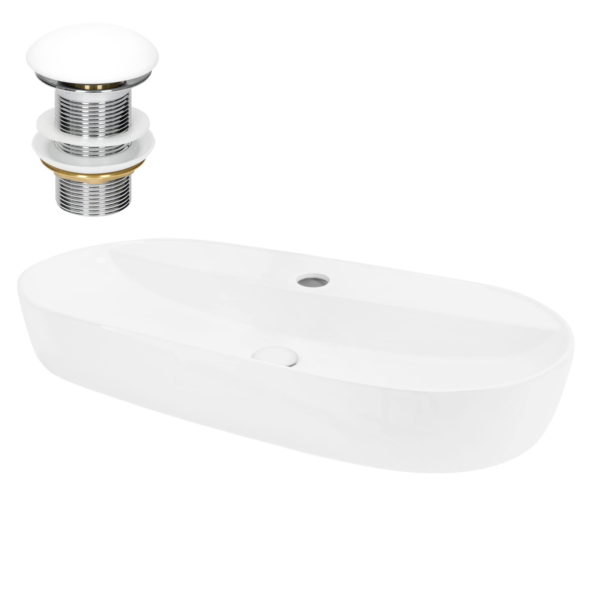 LuxeBath Waschbecken Keramik 800x400x120 mm oval Weiß mit Ablaufgarnitur Silber, Aufsatzwaschbecken für Badezimmer/Gäste-WC, Modernes Aufsatzbecken, Waschtisch Waschschale Waschplatz Handwaschbecken