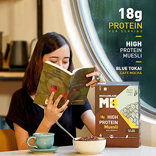 Image of MuscleBlaze High Protein Muesli, Blue Tokai Cafe Mocha, 18 g Protein, with Dry Fruit, Nut & Superseeds, Ready to Eat Healthy Snack, 700 g