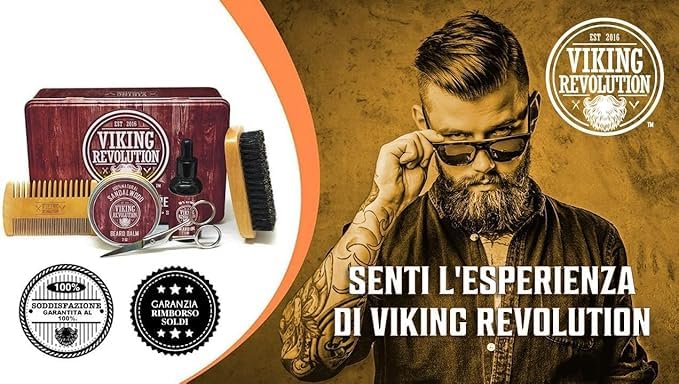 Viking Revolution - Kit Barba Uomo Sandalo - Spazzola Setola di Cinghiale, Pettine, Balsamo, Olio, Forbici e Scatola Metallica - Regalo Natale Uomo