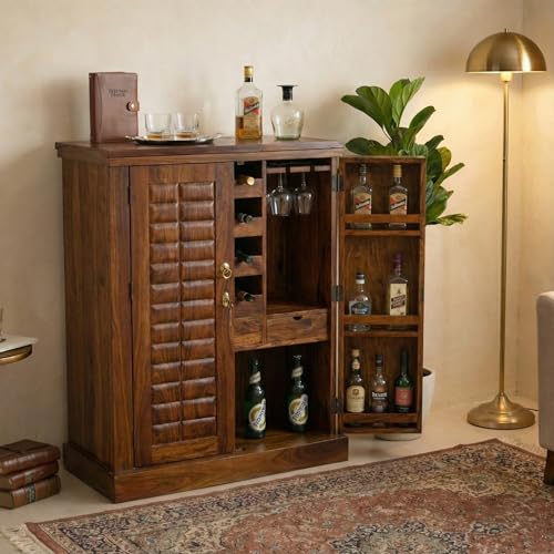 Image of Solid Sheesham Wood Bar Unit Cabinet with Storage Bottle Shelves & Built-in Glass Holder Wooden Drink Wine Rack Organizer for Living Room, Home & Lounge Dining Cupboard Liquor Furniture