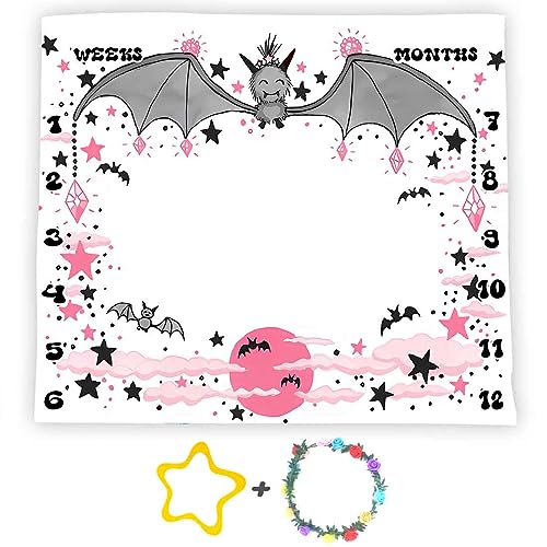 Image of Bat Baby Monthly Milestone Blanket, Halloween Cute Animal Design, 48x40in | Photography Props for Boys Girls, Full Moon Cloud Print, Soft Flannel, Newborn Mom Gifts, Monthly Age Growth Chart