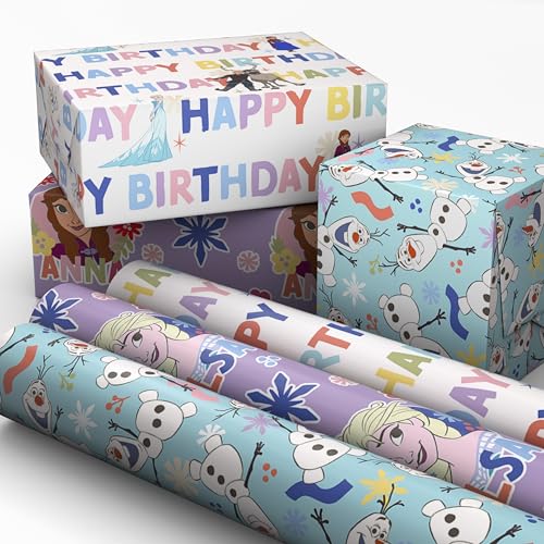 Hallmark Disney Frozen Birthday Wrapping Paper Mini Rolls 3-Pack (Elsa and Anna on Purple Olaf on Blue) for Kids Parties Christmas Celebrations Any Occasion - 45 Sq. Ft. Total
