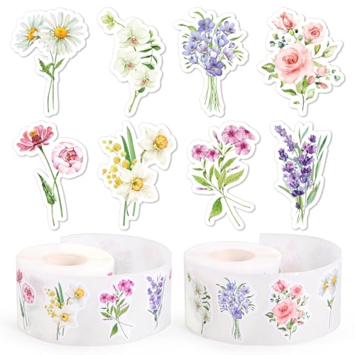 Whaline 1000 Pcs Spring Floral Stickers Watercolor Colorful Wildflower Self-Adhesive Decals for Envelope Wedding Invitation Party Craft Scrapbook Journal Decor 2 Rolls 8 Designs