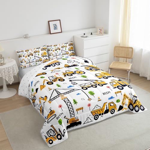 Image of Feelyou Construction Truck Bedding Set Kids Boys Cartoon Excavator Vehicle Tractor Cars Comforter Set Twin Size Machinery Equipment Duvet Insert Yellow Decor
