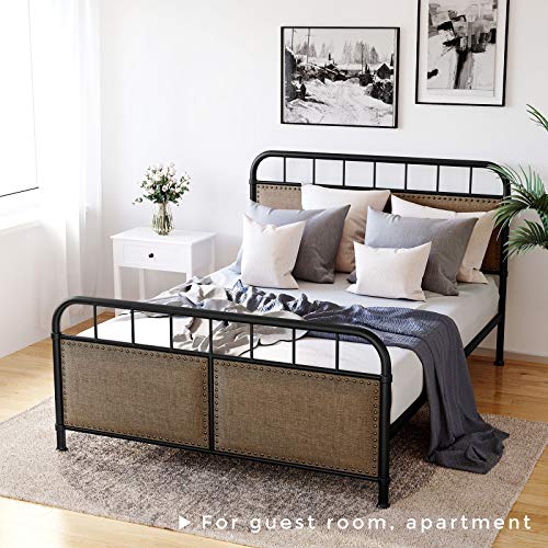 Image of VASAGLE Queen Size Metal Bed Frame with Headboard, Footboard, No Box Spring Needed Platform bed, Under-Bed Storage, Vintage Industrial Style, Brown and Black URMB024BE
