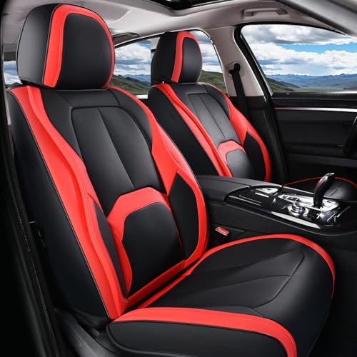 Image of Coverado Seat Covers, Car Seat Covers Front Seats, 2 Pack Black and Red Leather Seat Covers, Waterproof Car Seat Protector with Lumbar Support, Front Seat Covers Universal Fit for Most Cars