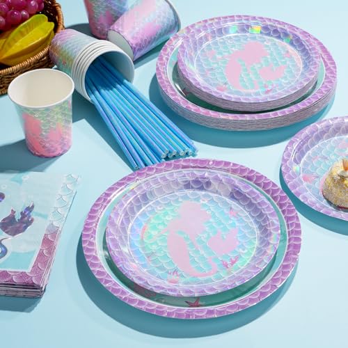 Mashan MERMAID IRIDESCENCE PLATES SERVE 50 400Pcs Mermaid Iridescent Laser Party Supplies,Mermaid Plates And Napkins Set Serve 25 Guests,Disposable Mermaid Paper Plates Napkins Cups Knives thumb #2