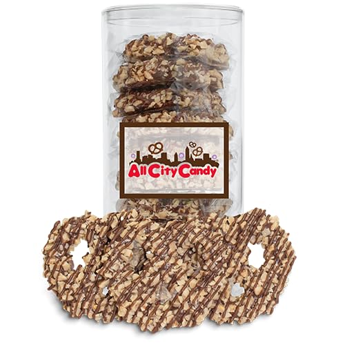All City Candy Milk Chocolate Hand Dipped Pretzel Twists coated with Toffee Crunch bits, Individually Wrapped, 10 Count, Gift Canister, Ice Pack included if needed. Great for corporate gifting, events and candy displays.