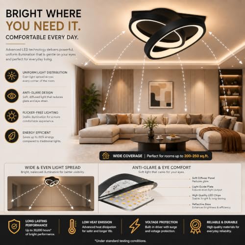Image of 50W Round LED Ceiling Light, Modern Decorative Chandelier Ceiling Lamp, 3 Color Modes, Anti-Glare Eye Protection, High Brightness Indoor Lighting for Living Room, Bedroom, Hall, Black Round