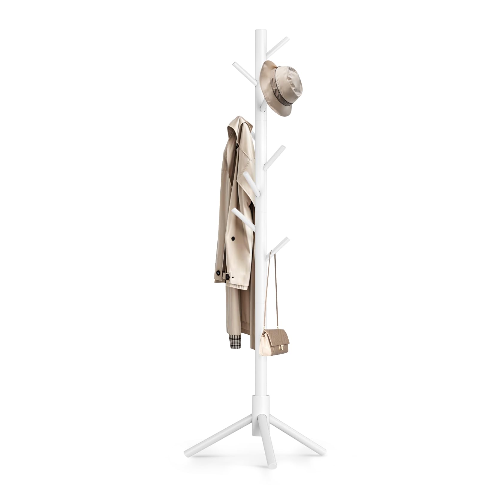 Photo 1 of OUTGAVA Wooden Coat Rack Freestanding with 8 Hooks,Easy Assembly New Zealand Pine Tree Coat Racks, 3 Adjustable Sizes for Clothes, Hats, Bags, for Entryway, Hallway, Bedroom, Office (White, 1 PC)