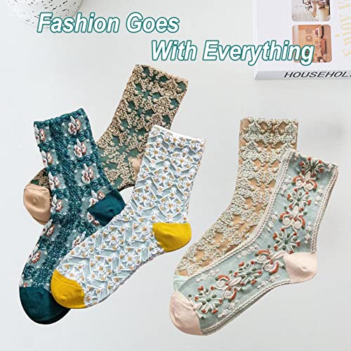 Image of 5 Pack Cute Womens Floral Socks, Vintage Embroidered Frilly Floral Ankle Cotton Cottagecore Socks