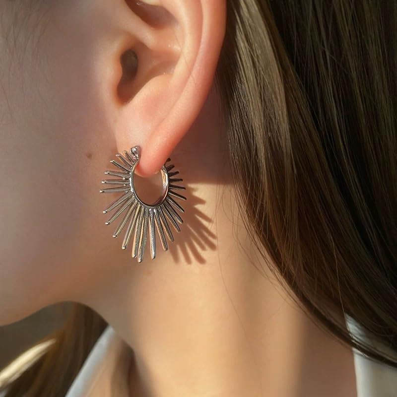 Sunburst Statement Hoop Earrings, Gold Plated Trendy Dangle Earrings Non Tarnish Hypoallergenic Lightweight Fashion Jewelry for Women, 30mm - Image 2