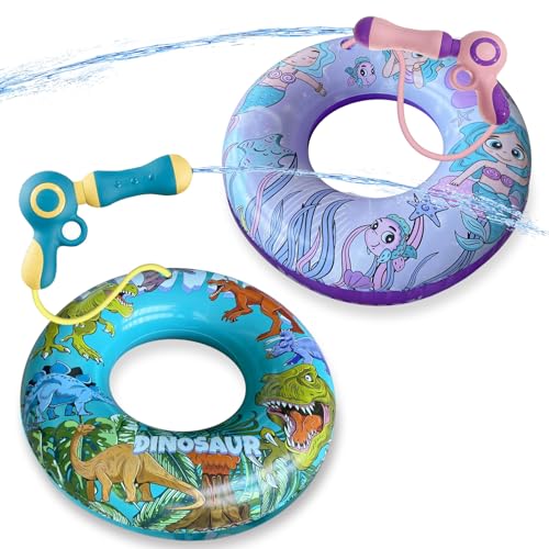 2 Pack Kids Pool Float with Water Gun Inflatable Swim Ring Pool Toys for Kids Ages 3-12 Dinosaur & Mermaid Squirt Gun Floaties for Pool Party Beach Backyard Water Fight Summer Toy