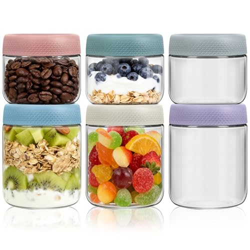 Gigmeta Lot de 6 pots d'avoine de nuit,3 * 300ml/3 * 500ml Bocaux en Verre Réutilisables avec Couvercles à Vis D'étanchéité,bocaux de conservation en verre...