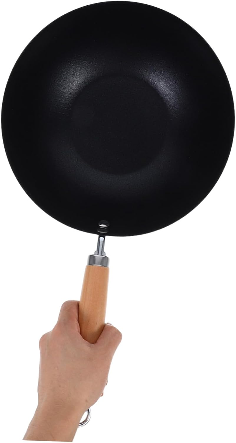 Garneck Uncoated Iron Frying Pan Lid Deep Iron Wok for Convenient Stir Frying Ergonomic Wooden Handle Nonstick for Cooking Eggs and More Your Kitchen
