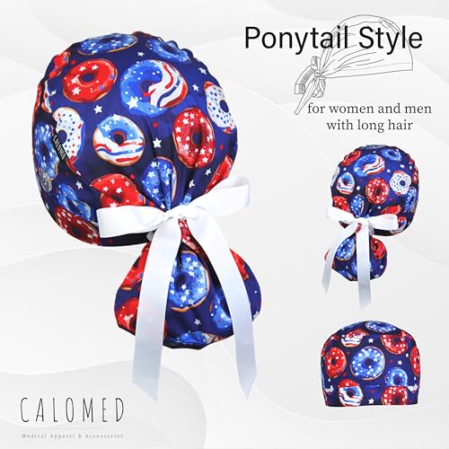 Image of Scrub Cap for Women and Men, Ponytail Scrub Caps, Working Hat, Head Cover with Ribbon Ties and Buttons, Long Hair