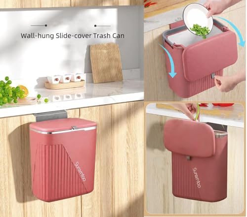 Image of Kriva Hanging Trash Can for Kitchen Cabinet Door with Lid | Small Under Sink Garbage Can Trash Bin for Bathroom,Wall Mounted Counter Waste Kitchen Dustbin, 1 Pc (Cherry)