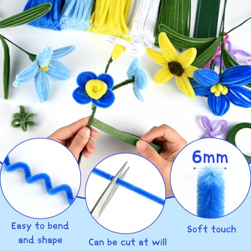 Image of ASTARON 521 Pcs 5 Colors Art Chenille Stems Pipe Cleaners Flower Making Kit | Blue Yellow Craft Pipe Cleaners,20 Floral Wires,Green Gardening Tape, Flowers Making Kit,Polyester Fluffy Pipe Cleaners Set