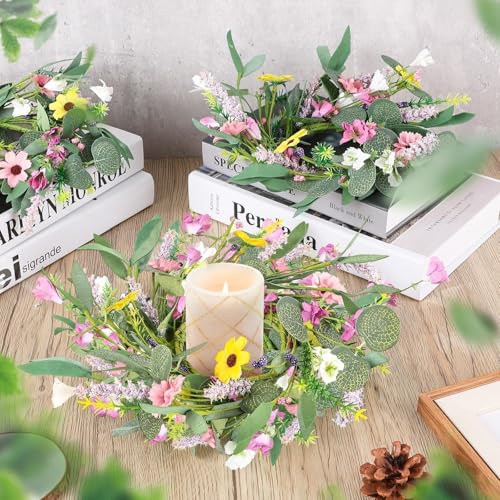 Image of 6 Pcs Spring Summer Artificial Flowered Wreath Mini Floral Wedding Candle Rings Wreaths 3inch Kitchen Cabinet Swags Wreath Pillar Candle Holder for Wedding Spring Summer Home Door Tabletop Decoration