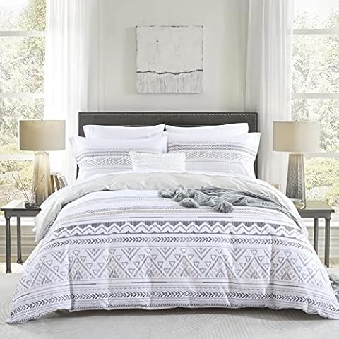 Bedduvit Boho Duvet Cover Queen - 100% Cotton Boho Queen Duvet Cover Set for All Season,3 Piece Striped Modern Summer Duvet Cover Queen Size with Zipper Closure & 8 Ties (90"x90", No Comforter) Cover