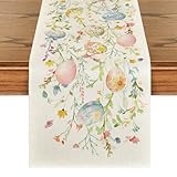 Artoid Mode Wild Flowers Eggs Easter Table Runner,Seasonal Spring Floral Kitchen Dining Table Decoration for Home Party Decor 13x72 Inch