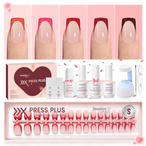 Beetles X Press Plus Red French Tip Nails - Crimson French | 5 Colors Press On Nails Short Square | 160Pcs 16 Sizes All-in-One Kit With Nail Glue,Remover,Builder Top Coat,Nail Lamp Gift