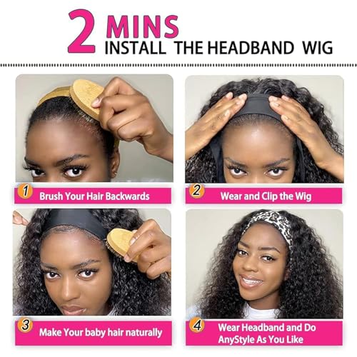 Image of Headband Wig Human Hair Kinky Curly Glueless Wigs 12 Inch Natural Black