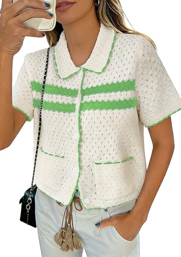 Image of Yousify Womens Casual Summer Short Sleeve Sweaters Button Down Crochet Knit Tops 2026 Loose Cute Cardigan Sweater