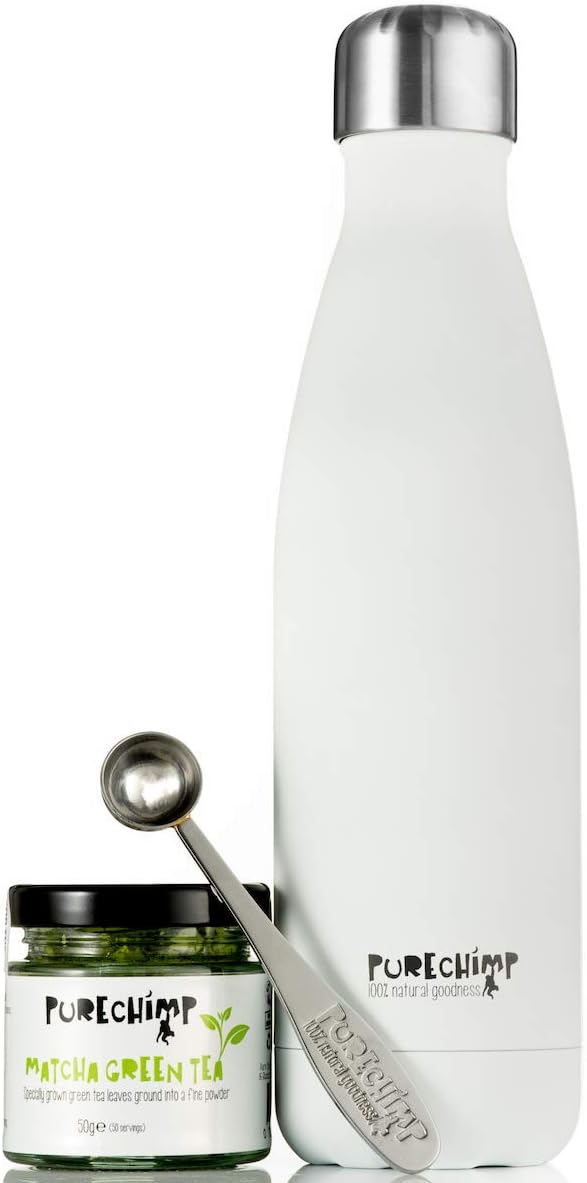 Matcha On The Go by PureChimp - 500ml Bottle, 50g Matcha Tea, Metal Serving Spoon