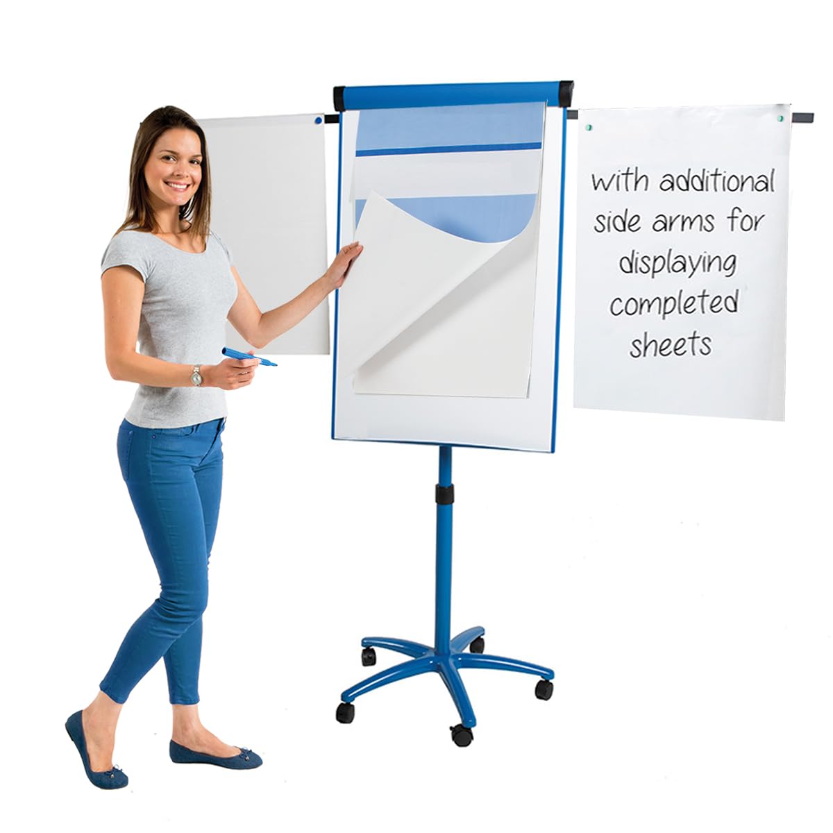 Metroplan Mobile Flipchart Easel, 1000 x 680 mm, Magnetic Whitboard, Blue Frame With Locking Castors & Extendable Arms - Ideal for Office, Classroom, Training Venues
