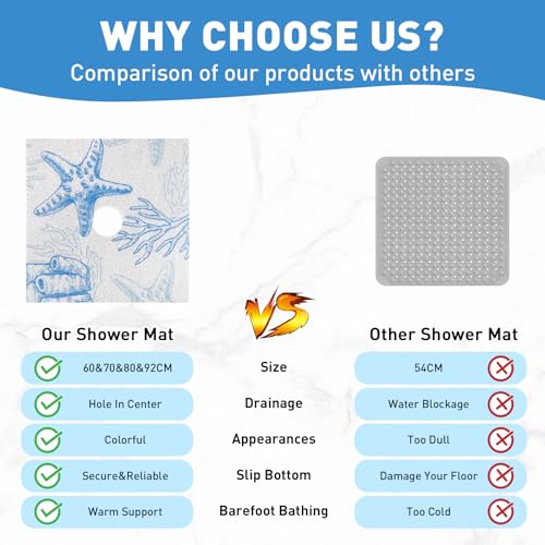 Image of Square Shower Mat Non Slip: 36 x 36 Inch Extra Large Shower Mats with Drain Hole in Middle - PVC Loofah Anti Slip Shower Floor Matt for Inside Shower