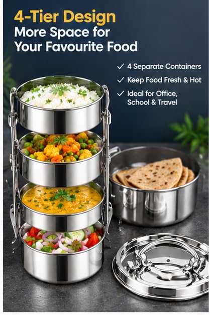 Image of SKSJ Stainless Steel Four-Tier Lunch Box with Lid & Handle | Durable Multi-Layer Tiffin Box for School, Office & Travel | Plastic-Free Food Storage Container