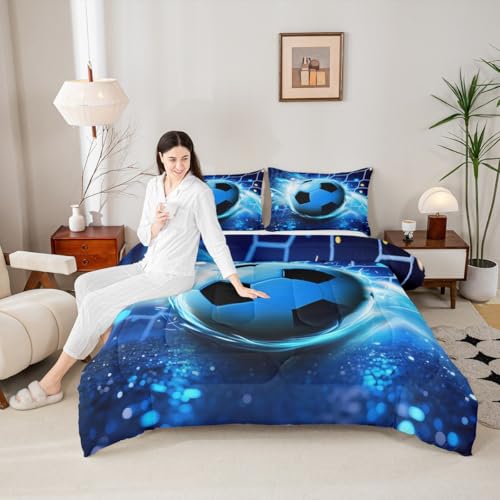 Image of Feelyou 3D Soccer Comforter Set King Size Kids Football Pattern Bedding Set for Boys Girls Sports Theme Duvet Quilt Room Decor