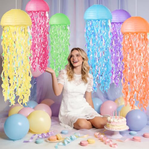 Image of Jellyfish Paper Lanterns 6 Pacs Under The Sea Party Decorations Mermaid Party Baby Shower Decorations Blue Hanging Jelly Fish for Ocean Spongebob Birthday Party Decorations (Neon)