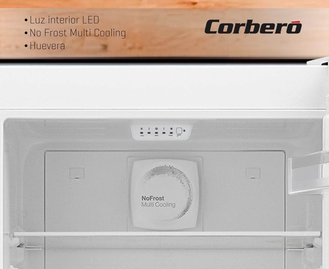 Corberó - Frigorífico Combi | CC200V24NFW | 327L | 60x59,5x201 | No Frost, Luz LED, Crisper, Balcones Ajustables, Estantes de Cristal, Huevera | 39 Db | Blanco