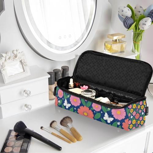 Organizador 2 en 1 para herramientas de cabello con base resistente al calor, bolsa de viaje para plancha, rizador y secador, diseño flores sobre azul marino miniatura 7