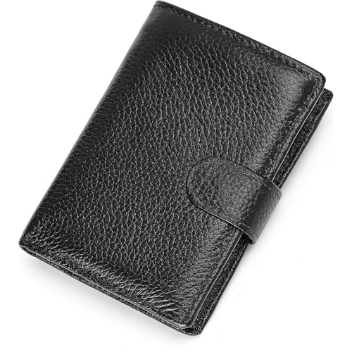 Genuine Leather Wallet for Men Large Capacity RFID Blocking Bifold Wallet with Coin Pocket and 3 Clear ID Windows for Cards and Daily Essentials (Black Texture)