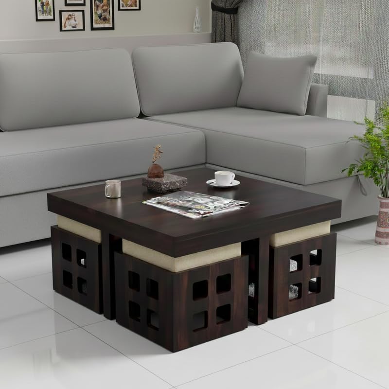 Image of Solid Sheesham Wood Coffee Table with 4 Stool | Center Table with 4 Stools for Living Room | Rosewood Teapoy Table with Cushioned Stool (Square,Walnut Finish)