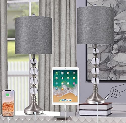 3 Approach Dimmable Contact Lamp for Bedrooms, Tall 25″ Nightstand Lamp with Gray Cloth Drum Shade and USB Port, Bed room Lamps Set of two with Metallic Base & Crystal Balls Design, Desk Lamp for Bed room